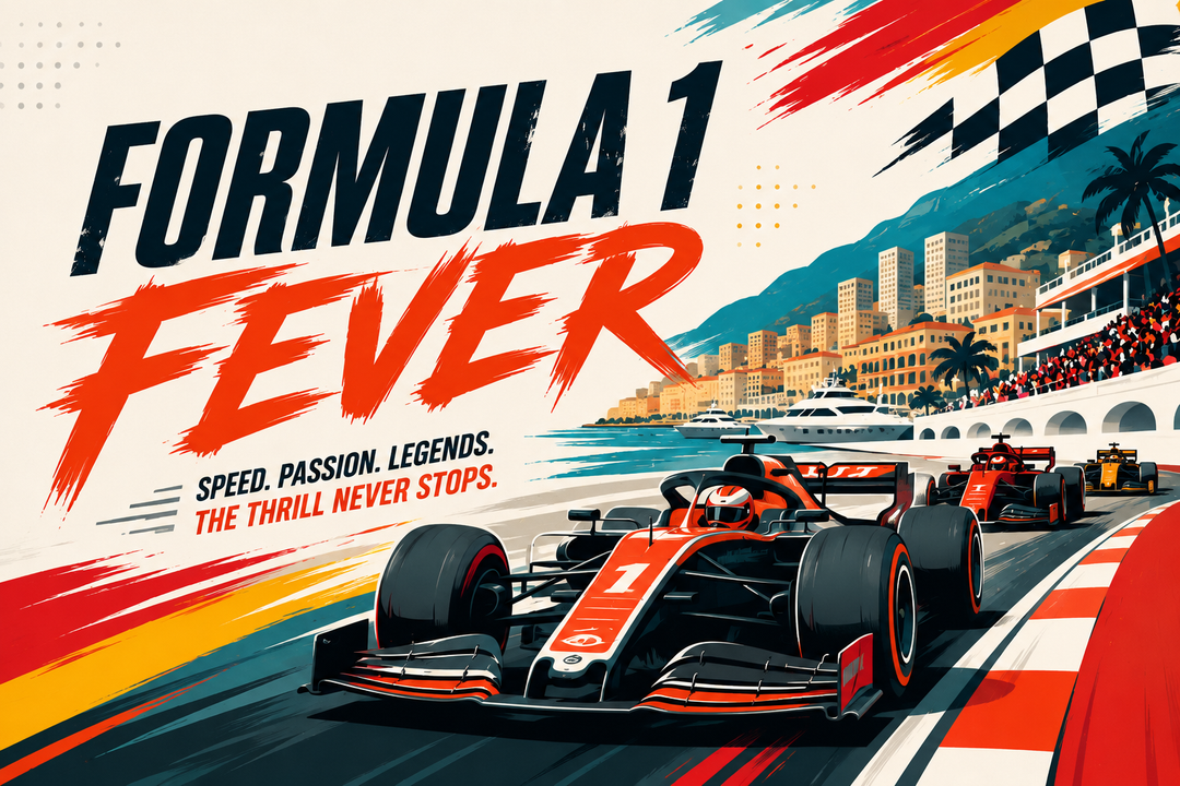 Illustrated Formula 1 cars racing around a vibrant Grand Prix circuit inspired by Monaco, with colourful crowds and racing flags.
