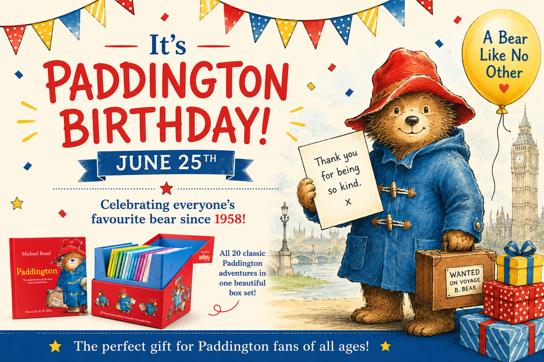 Paddington Bear birthday celebration banner featuring the Paddington 20 Book Illustrated Box Set and classic Paddington artwork.