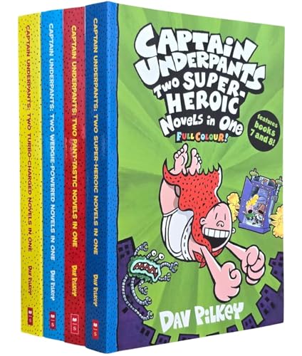 Captain Underpants Full Colour illustrated Series by Dav Pilkey 4 Books Collection Set (Two Pant-tastic Book 1-2, Two Wedgie-Powered Book 3-4, Two Turbo-Charged Book 5-6 and Two Super-Heroic Book 7-8)