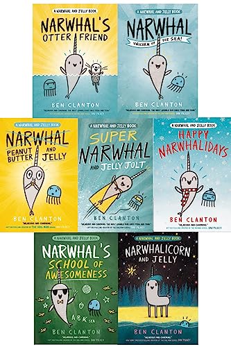 Narwhal and Jelly Series 7 Books Collection Set By Ben Clanton (Otter Friend, Unicorn of the Sea, Super Narwhal and Jelly Jolt, Peanut Butter and Jelly, Happy Narwhalidays, School of Awesomeness)