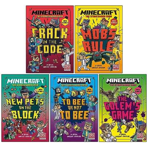 Minecraft Stonesword Saga Series 5 Books Collection Set | Crack in the Code!, Mobs Rule!,New Pets On The Block,To Bee Or Not to Bee!,The Golem’s Game