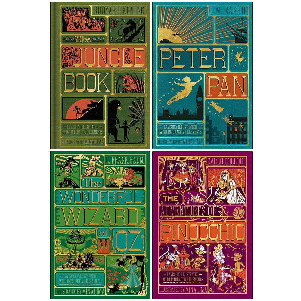 The Jungle Book, Peter Pan, The Wonderful Wizard and The Adventures of Pinocchio (Minalima Edition) 4 Books Collection Set
