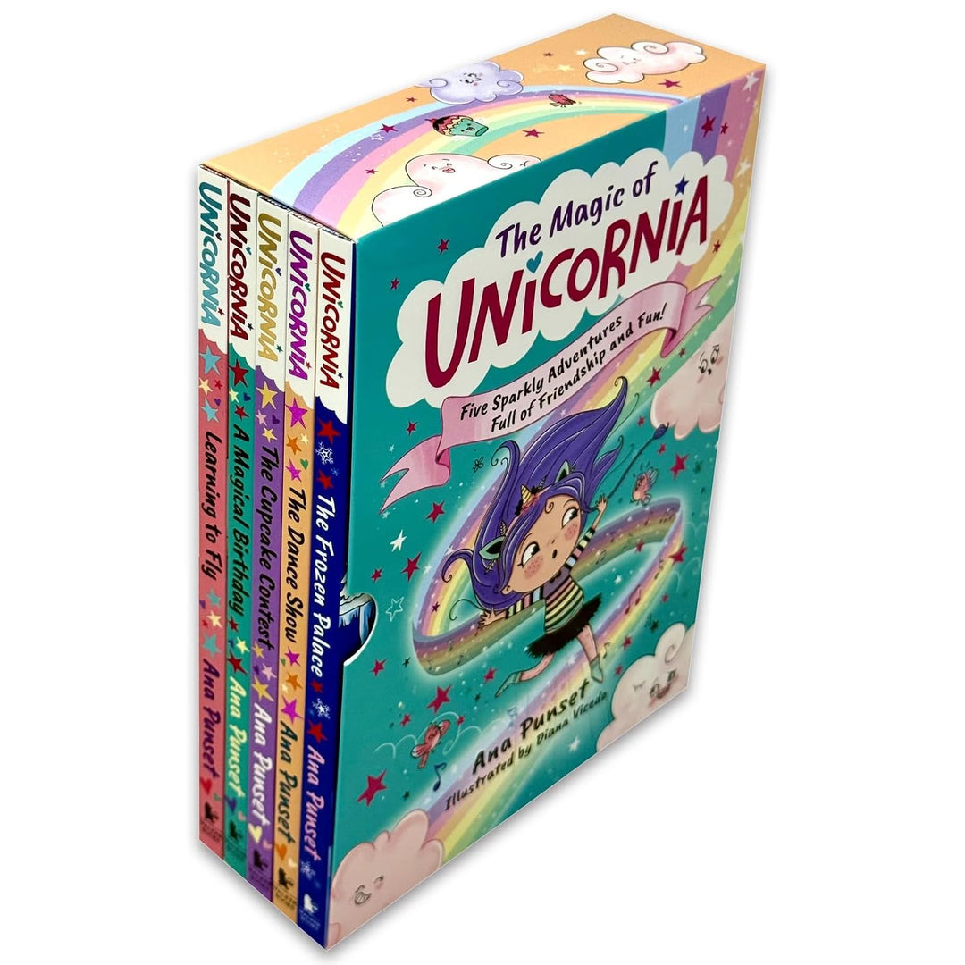 Unicornia Series 5 Books Collection Set By Ana Punset (Learning to Fly, A Magical Birthday, The Cupcake Contest, The Dance Show and The Frozen Palace)
