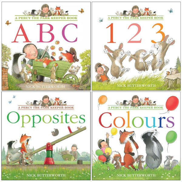 Percy the Park Keeper Early Learning collection 4 Picture Books Set By Nick Butterworth (ABC, 123, Colours and Opposites)