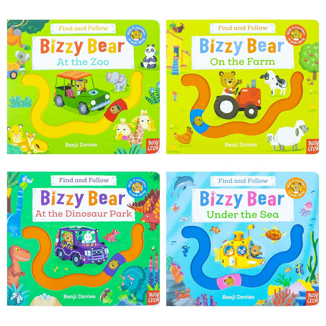 Bizzy Bear: Find and Follow Series 4 Books Set by Benji Davies – Interactive Board Books for Curious Little Readers | At The Zoo, On The Farm, At The Dinosaur Park and Under The Sea