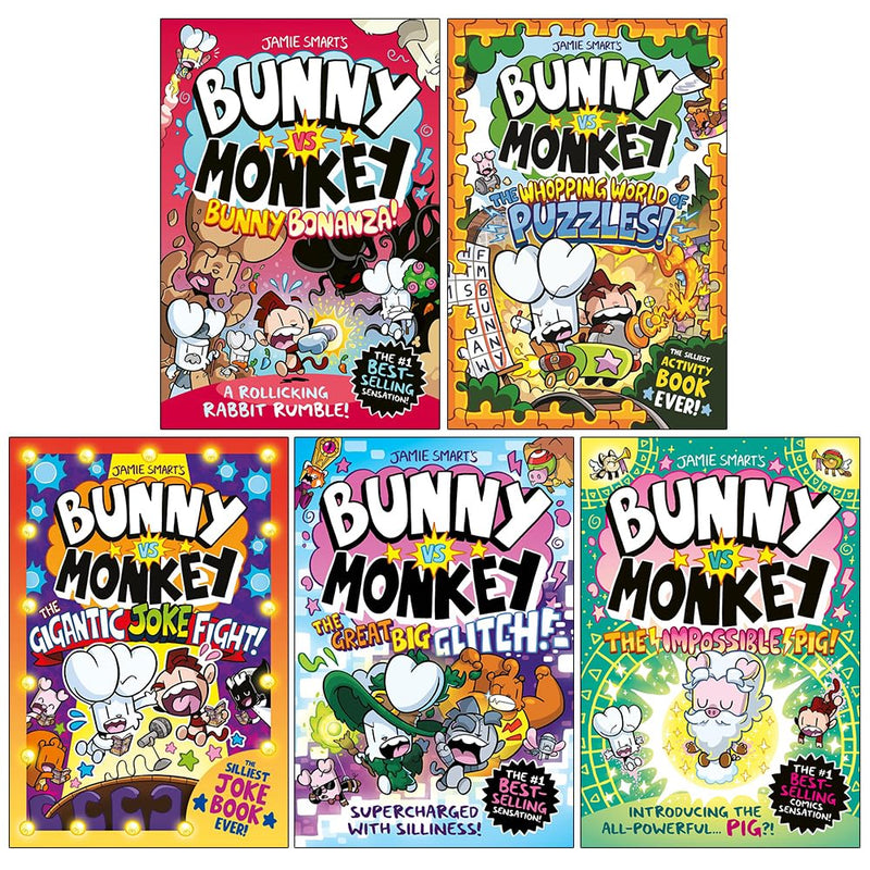 Bunny vs Monkey Set 2: Collection 5 Books Set By Jamie Smart (Bunny Bonanza, The Whopping World Of Puzzles, The Gigantic Joke Fight, The Great Big Glitch and The Impossible Pig)