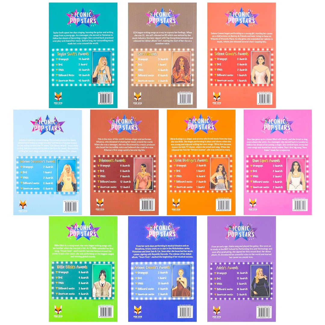 Iconic Music Popstars 10 Story Books Box Set: Rise to Becoming a Superstar (Taylor Swift, Sabrina Carpenter, Ariana Grande, Billie Eilish, SZA, Olivia ... Gomez, Adele, Dua Lipa) (Iconic Popstars) | Paperback