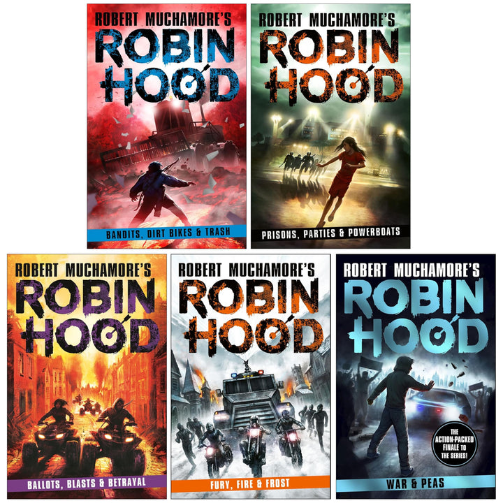 Robin Hood (Volume 6-10) by Robert Muchamore 5 Books Collection Set (Fire and Frost, Blasts and Betrayal And Fury, Bandits, Dirt Bikes and Trash, Prisons, Parties and Powerboats, Ballots and War and Peas)