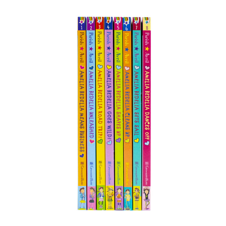 Amelia Bedelia 8 Book Collection Set (Dances Off, Sets Sail, Cleans Up, Shapes Up, Goes Wild, Road Trip, Unleashed, Means Business)
