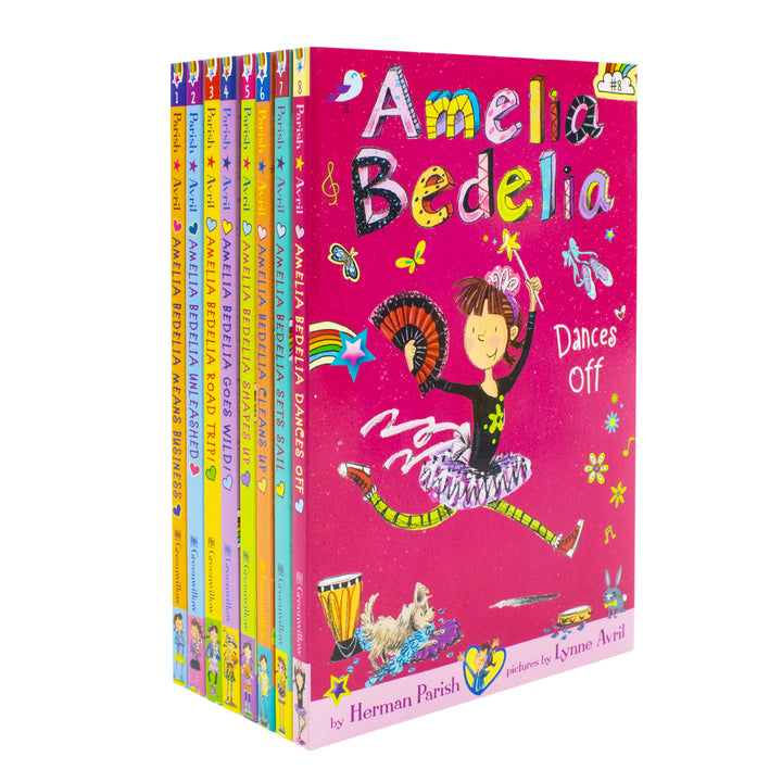 Amelia Bedelia 8 Book Collection Set (Dances Off, Sets Sail, Cleans Up, Shapes Up, Goes Wild, Road Trip, Unleashed, Means Business)