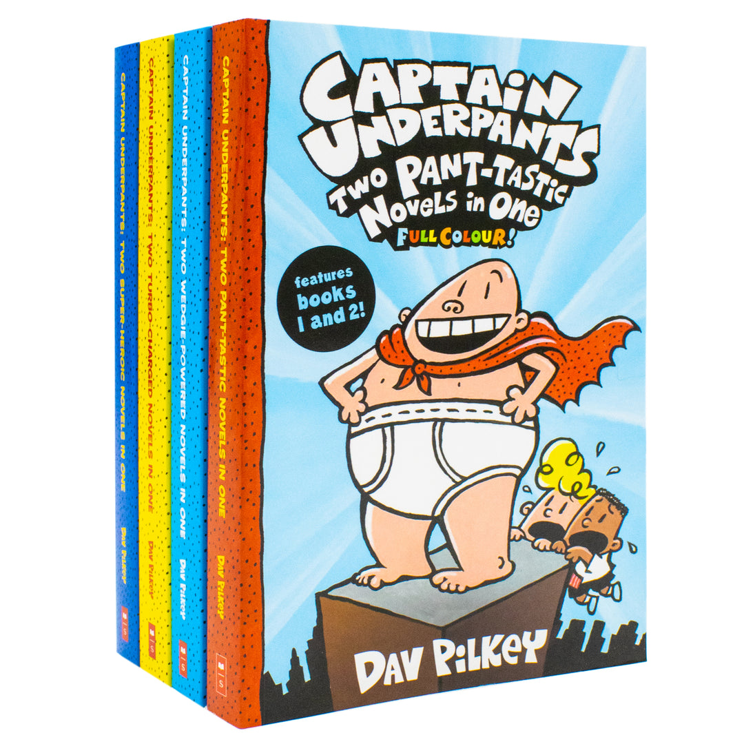 Captain Underpants Full Colour illustrated Series by Dav Pilkey 4 Books Collection Set (Two Pant-tastic Book 1-2, Two Wedgie-Powered Book 3-4, Two Turbo-Charged Book 5-6 and Two Super-Heroic Book 7-8)
