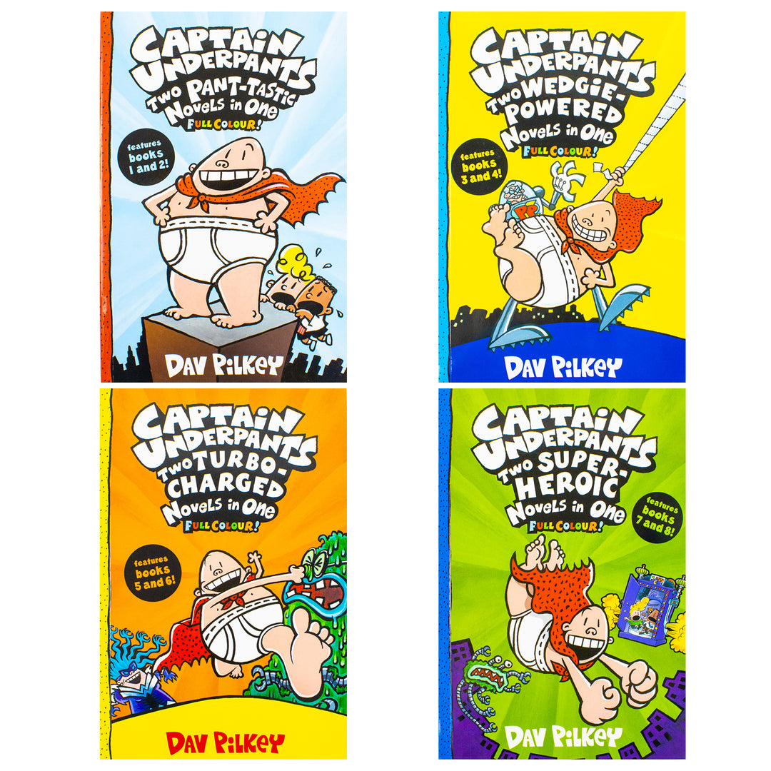 Captain Underpants Full Colour illustrated Series by Dav Pilkey 4 Books Collection Set (Two Pant-tastic Book 1-2, Two Wedgie-Powered Book 3-4, Two Turbo-Charged Book 5-6 and Two Super-Heroic Book 7-8)