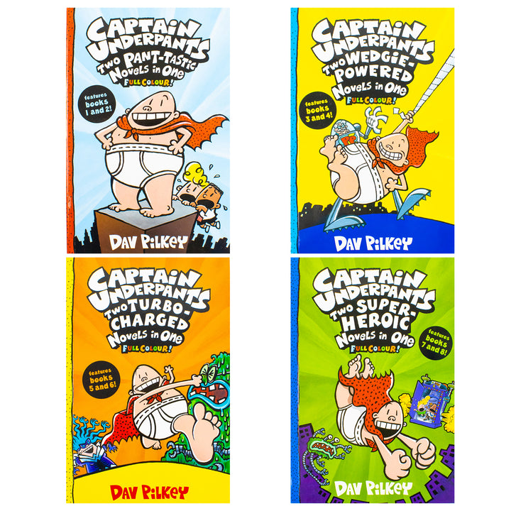 Captain Underpants Full Colour illustrated Series by Dav Pilkey 4 Books Collection Set (Two Pant-tastic Book 1-2, Two Wedgie-Powered Book 3-4, Two Turbo-Charged Book 5-6 and Two Super-Heroic Book 7-8)