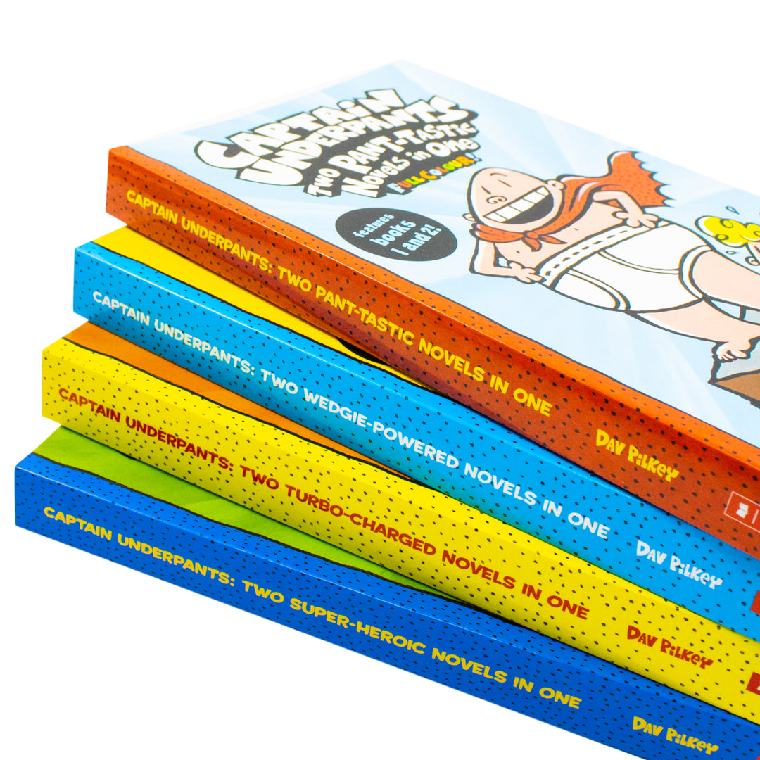 Captain Underpants Full Colour illustrated Series by Dav Pilkey 4 Books Collection Set (Two Pant-tastic Book 1-2, Two Wedgie-Powered Book 3-4, Two Turbo-Charged Book 5-6 and Two Super-Heroic Book 7-8)