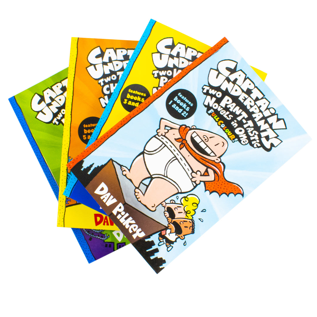 Captain Underpants Full Colour illustrated Series by Dav Pilkey 4 Books Collection Set (Two Pant-tastic Book 1-2, Two Wedgie-Powered Book 3-4, Two Turbo-Charged Book 5-6 and Two Super-Heroic Book 7-8)