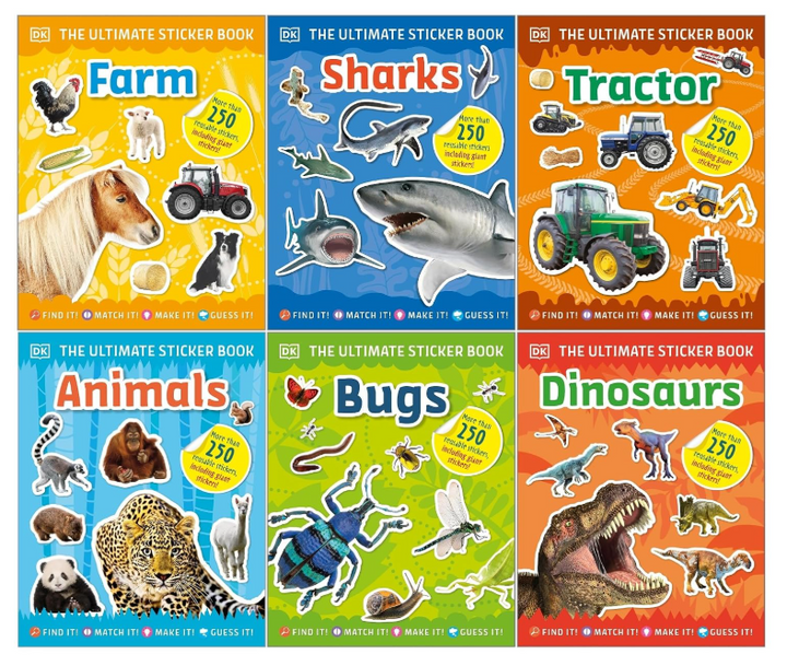 DK Ultimate Sticker Series 6 Books Collection Set – Farm, Sharks, Tractor, Animals, Bugs & Dinosaurs | Children's Activity Books