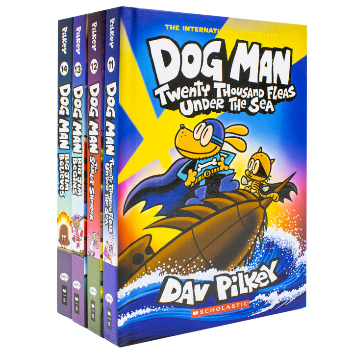 Dog Man Series 11-14 Collection 4 Books Set By Dav Pilkey (Twenty Thousand Fleas Under the Sea, The Scarlet Shedder, Big Jim Begins, Big Jim Believes) | Hardcover