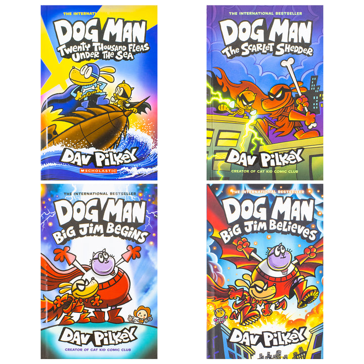 Dog Man Series 11-14 Collection 4 Books Set By Dav Pilkey (Twenty Thousand Fleas Under the Sea, The Scarlet Shedder, Big Jim Begins, Big Jim Believes) | Hardcover