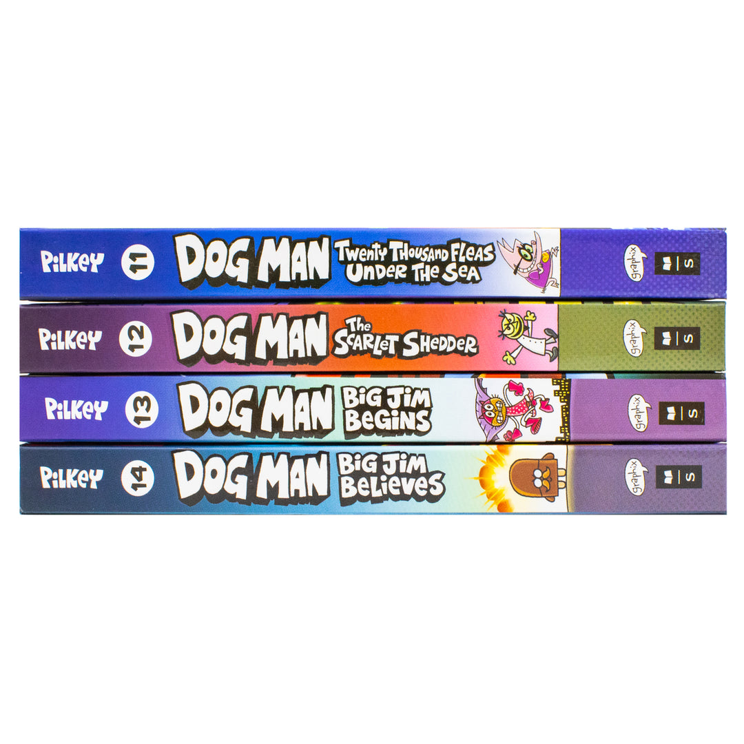 Dog Man Series 11-14 Collection 4 Books Set By Dav Pilkey (Twenty Thousand Fleas Under the Sea, The Scarlet Shedder, Big Jim Begins, Big Jim Believes) | Hardcover