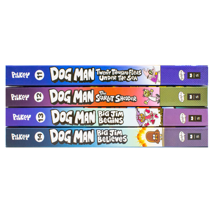 Dog Man Series 11-14 Collection 4 Books Set By Dav Pilkey (Twenty Thousand Fleas Under the Sea, The Scarlet Shedder, Big Jim Begins, Big Jim Believes) | Hardcover