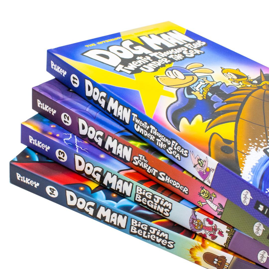 Dog Man Series 11-14 Collection 4 Books Set By Dav Pilkey (Twenty Thousand Fleas Under the Sea, The Scarlet Shedder, Big Jim Begins, Big Jim Believes) | Hardcover