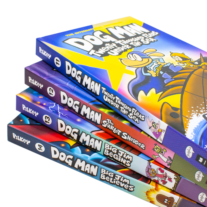 Dog Man Series 11-14 Collection 4 Books Set By Dav Pilkey (Twenty Thousand Fleas Under the Sea, The Scarlet Shedder, Big Jim Begins, Big Jim Believes) | Hardcover