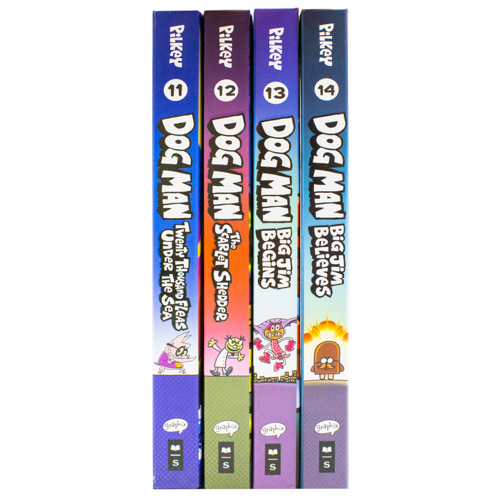 Dog Man Series 11-14 Collection 4 Books Set By Dav Pilkey (Twenty Thousand Fleas Under the Sea, The Scarlet Shedder, Big Jim Begins, Big Jim Believes) | Hardcover