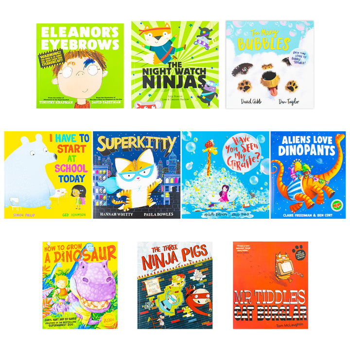 Humorous Children's Picture Books Collection Illustrated 10 Books Set (Aliens Love Dinopants, Superkitty, Three Ninja Pigs, Have You Seen My Giraffe?, Eleanor's Eyebrows, Too Many Bubbles & More...)