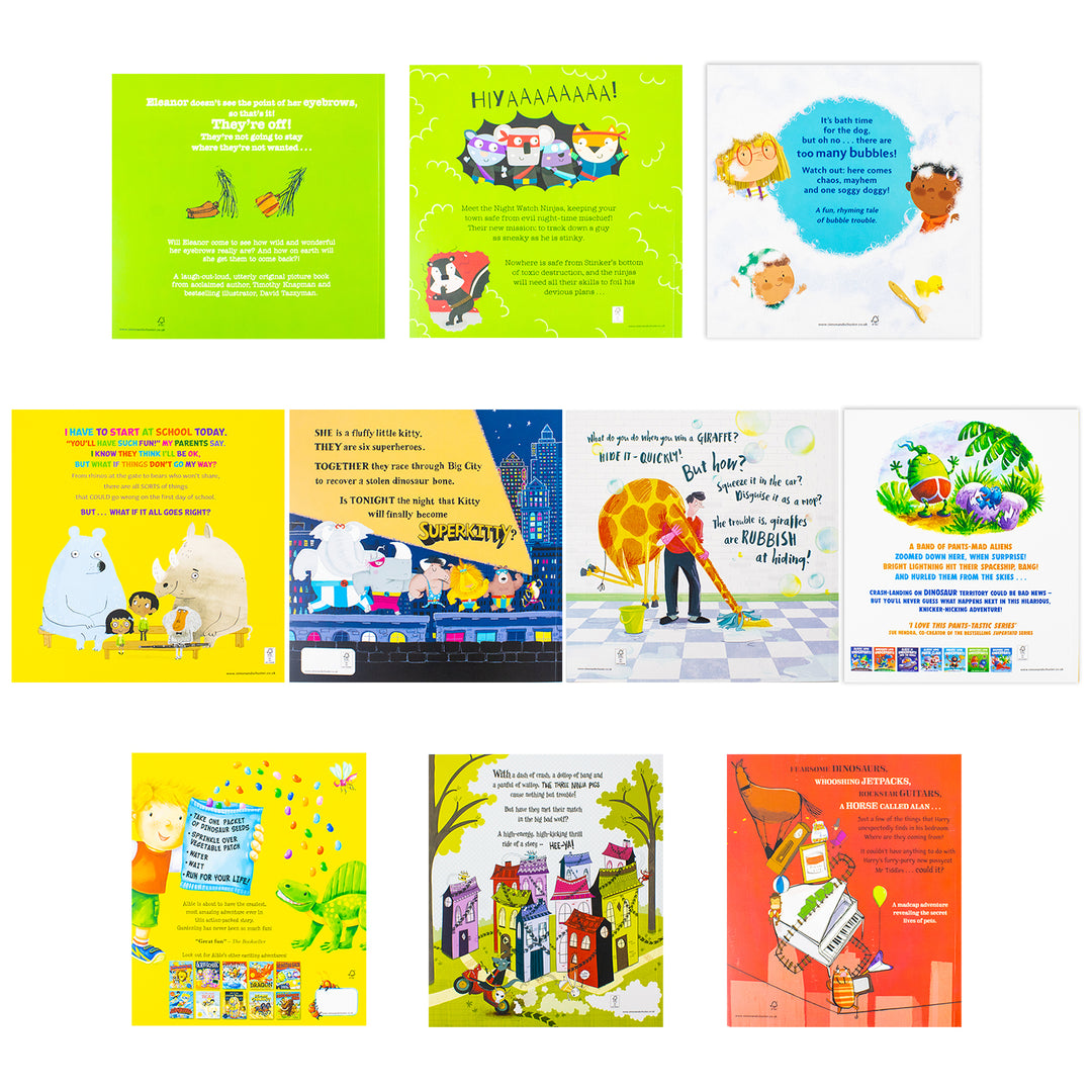 Humorous Children's Picture Books Collection Illustrated 10 Books Set (Aliens Love Dinopants, Superkitty, Three Ninja Pigs, Have You Seen My Giraffe?, Eleanor's Eyebrows, Too Many Bubbles & More...)