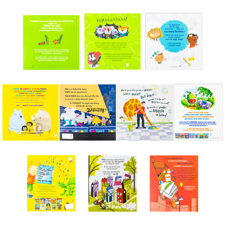 Humorous Children's Picture Books Collection Illustrated 10 Books Set (Aliens Love Dinopants, Superkitty, Three Ninja Pigs, Have You Seen My Giraffe?, Eleanor's Eyebrows, Too Many Bubbles & More...)