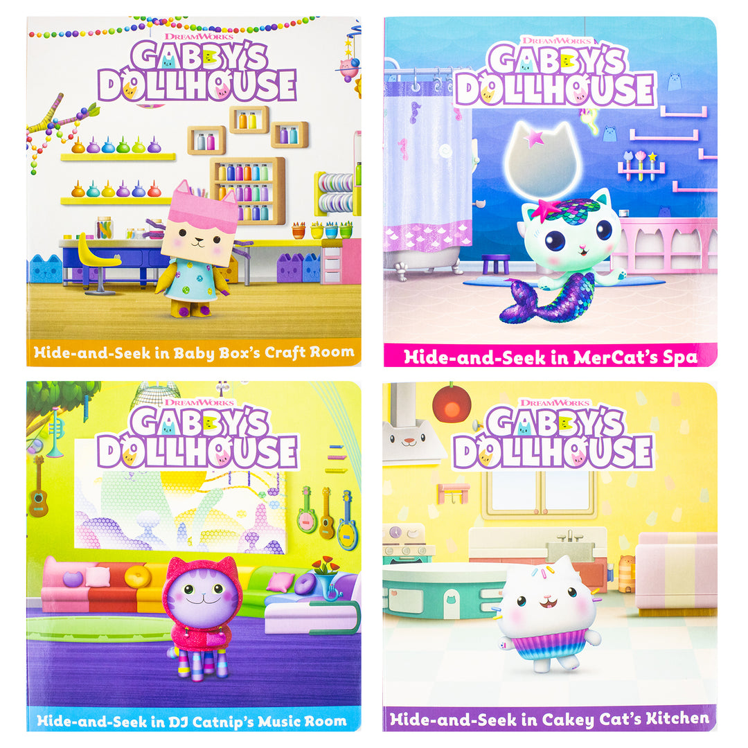 Gabby’s Dollhouse Hide-and-Seek 4 Books Collection Set - In Baby Box’s Craft Room, MerCat’s Spa, DJ Catnip’s Music Room and In Cakey Cat’s Kitchen | Board book