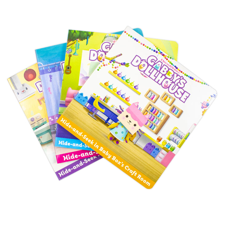 Gabby’s Dollhouse Hide-and-Seek 4 Books Collection Set - In Baby Box’s Craft Room, MerCat’s Spa, DJ Catnip’s Music Room and In Cakey Cat’s Kitchen | Board book