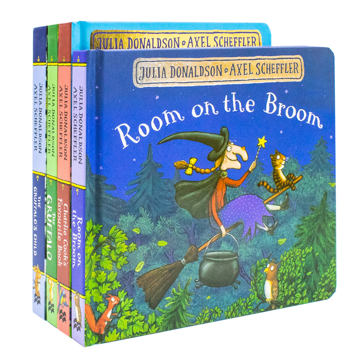 Julia Donaldson And Axel Scheffler 4 Books Collection Set (Charlie Cookie's Favourite Book, The Gruffalo, The Gruffalo's Child, Room On The Broom)- Board Book