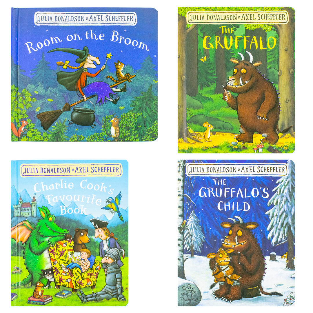 Julia Donaldson And Axel Scheffler 4 Books Collection Set (Charlie Cookie's Favourite Book, The Gruffalo, The Gruffalo's Child, Room On The Broom)- Board Book