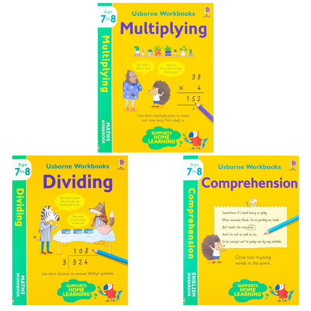 Usborne Workbooks Home Learning Age 7-8 Collection 3 Books Set (Multiplying, Dividing, Comprehension)