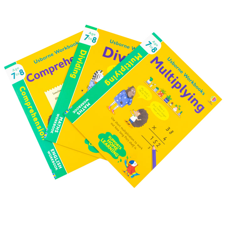 Usborne Workbooks Home Learning Age 7-8 Collection 3 Books Set (Multiplying, Dividing, Comprehension)