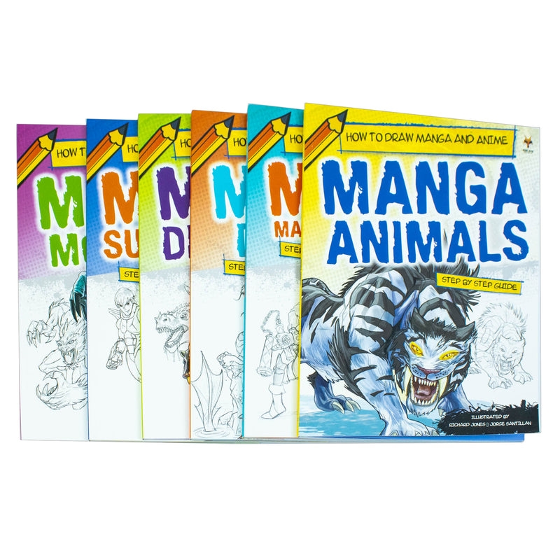 Step By Step Guide How To Draw Manga and Anime For Beginners 6 Books Set Collection: (Animals, Dinosaurs, Dragons, Matiral Arts Figures, Monsters, Superheroes)