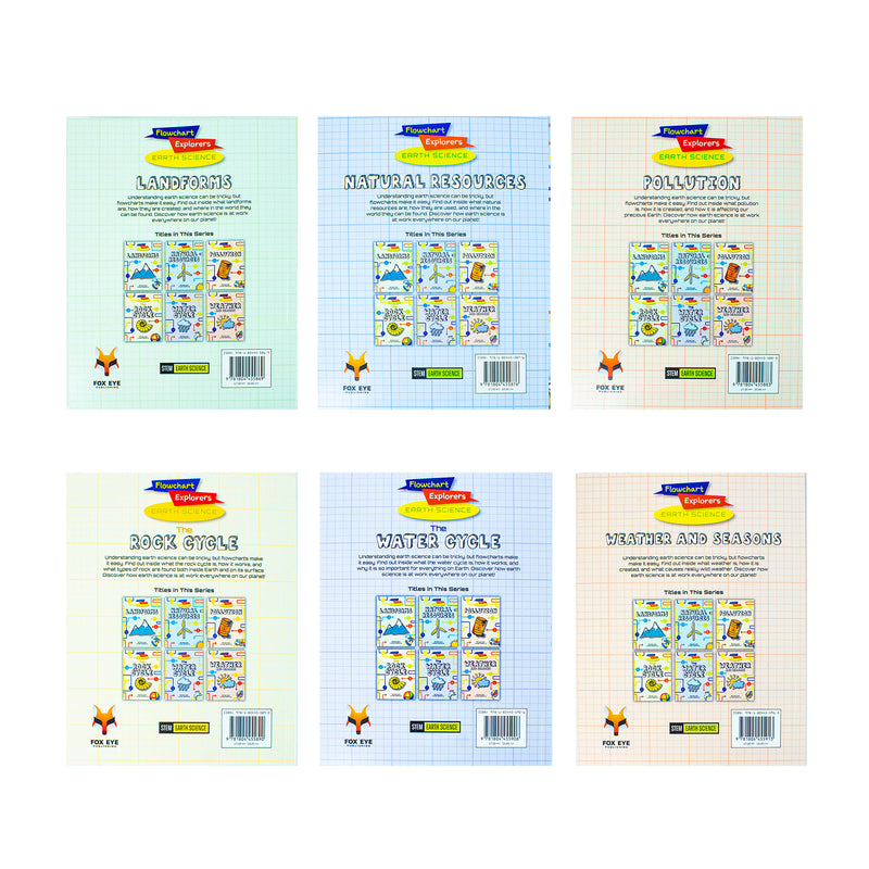 Flowchart Explorers Earth Science STEM 6 Books Set (Landforms, Natural Resources, Pollution, Rock Cycle, Water Cycle, Weather)