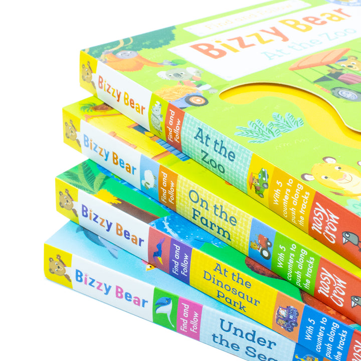 Bizzy Bear: Find and Follow Series 4 Books Set by Benji Davies – Interactive Board Books for Curious Little Readers | At The Zoo, On The Farm, At The Dinosaur Park and Under The Sea