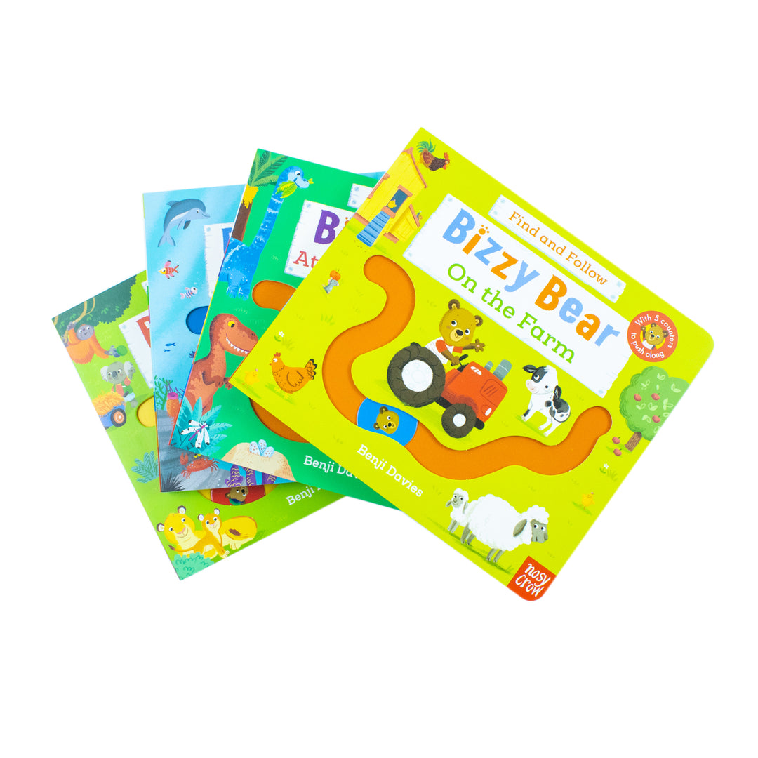 Bizzy Bear: Find and Follow Series 4 Books Set by Benji Davies – Interactive Board Books for Curious Little Readers | At The Zoo, On The Farm, At The Dinosaur Park and Under The Sea