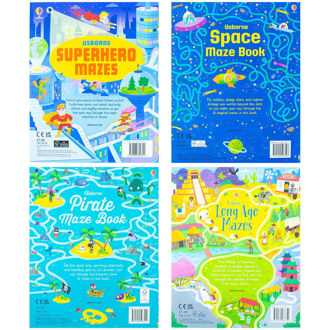 Usborne Maze Series 4-Book Collection Set by Sam Smith & Kirsteen Robson – Fun & Challenging Puzzle Books | Superhero, Pirate, Space & Long Ago Mazes