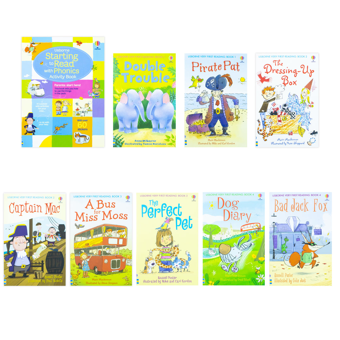 Usborne Starting to Read With Phonics 8 Books Collection Box Set With Activity Book & Alphabet Chart (Pirate Pat, Double Trouble, Dressing up Box & more)