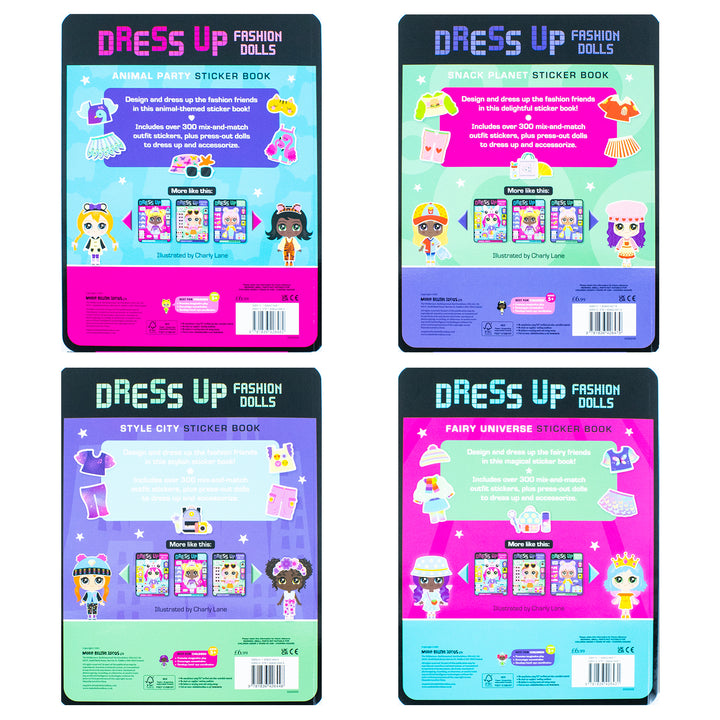 Dress Up Fashion Dolls Collection by Sophie Collingwood Illustrated 4 Sticker Activity Books Set (Dress Up Fashion Dolls: Animal Party, Fairy Universe, Snack Planet & Style City)