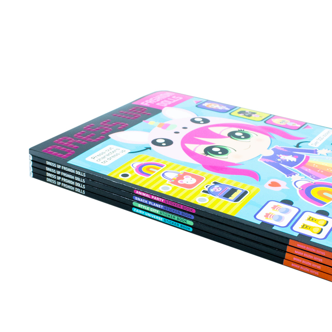 Dress Up Fashion Dolls Collection by Sophie Collingwood Illustrated 4 Sticker Activity Books Set (Dress Up Fashion Dolls: Animal Party, Fairy Universe, Snack Planet & Style City)