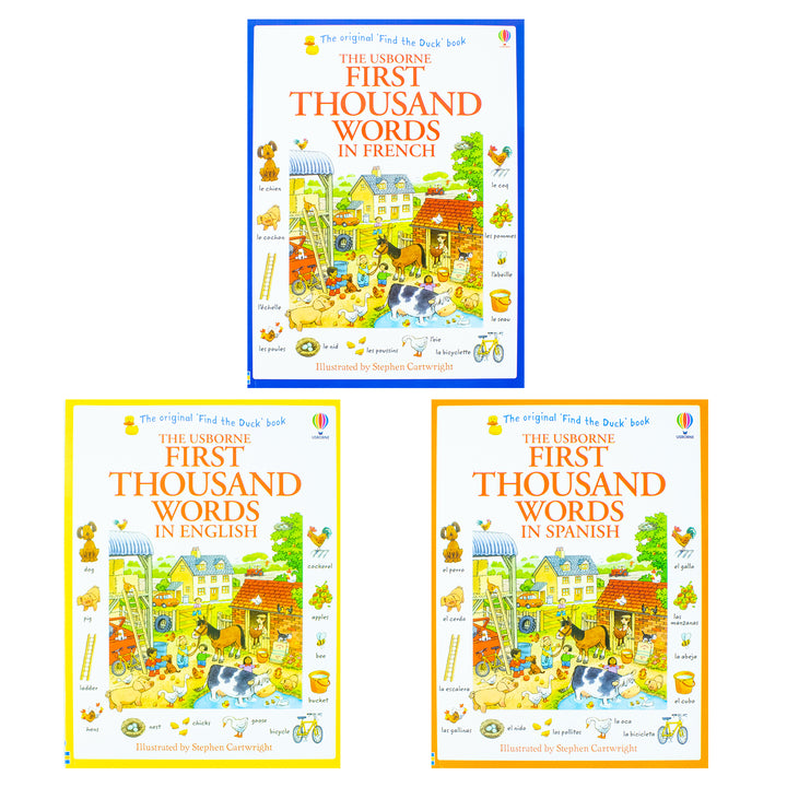 Usborne First Thousand Words Collection 3 Books Set By Heather Amery (First Thousand Words in French, First Thousand Words in Spanish, First Thousand Words in English)