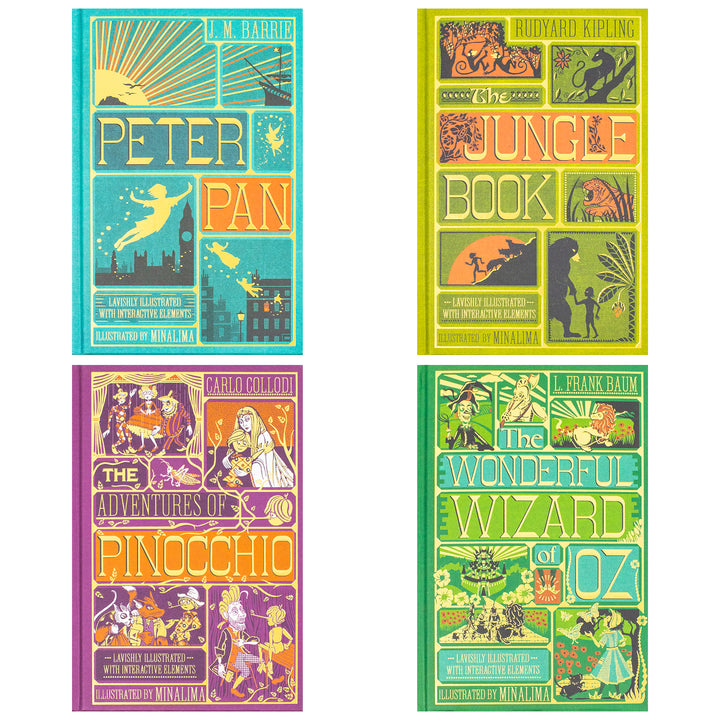 The Jungle Book, Peter Pan, The Wonderful Wizard and The Adventures of Pinocchio (Minalima Edition) 4 Books Collection Set