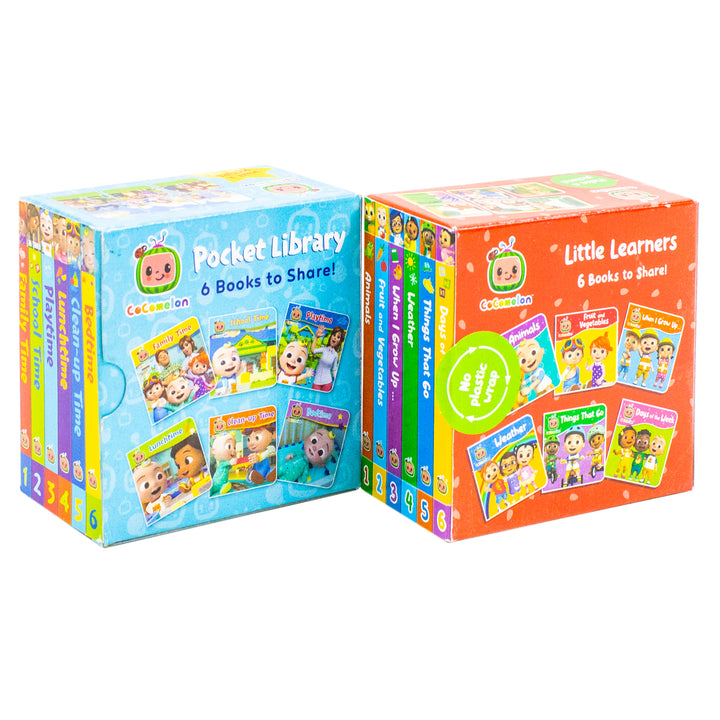 Cocomelon Little Learners Pocket Library 12 Board Books Collection Set (Animals, Fruit And Vegetables, Weather, Days of the Week, Family Time and More)
