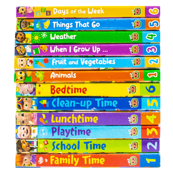 Cocomelon Little Learners Pocket Library 12 Board Books Collection Set (Animals, Fruit And Vegetables, Weather, Days of the Week, Family Time and More)
