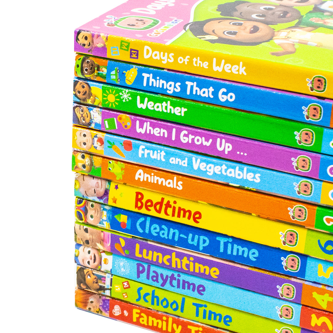 Cocomelon Little Learners Pocket Library 12 Board Books Collection Set (Animals, Fruit And Vegetables, Weather, Days of the Week, Family Time and More)