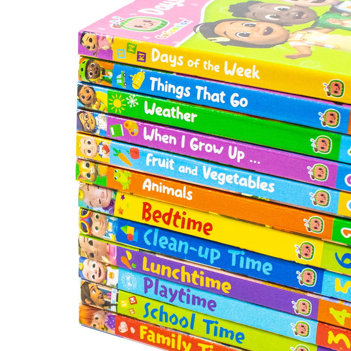 Cocomelon Little Learners Pocket Library 12 Board Books Collection Set (Animals, Fruit And Vegetables, Weather, Days of the Week, Family Time and More)